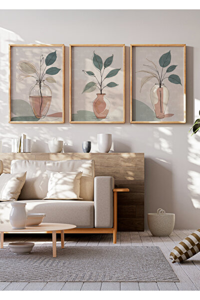 Tontilika Minimalist Vazolu Bitki Desenli 3 Parçalı Ahşap Çerçeveli Tablo Seti