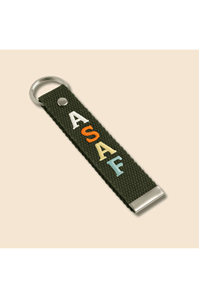 Tesbihane Çelik Tokalı - Kişiye Özel Anahtarlık - Haki Renk - Dayanıklı Kumaş Üzerine İsim - Sembol Nakışlı