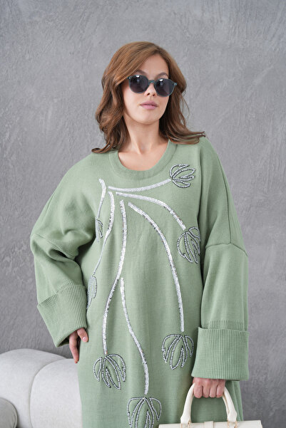 Miss Allos Kadın Önü Cam İnci Ve Pul Payet İşlemeli Geniş Kalıp Uzun Triko Elbise