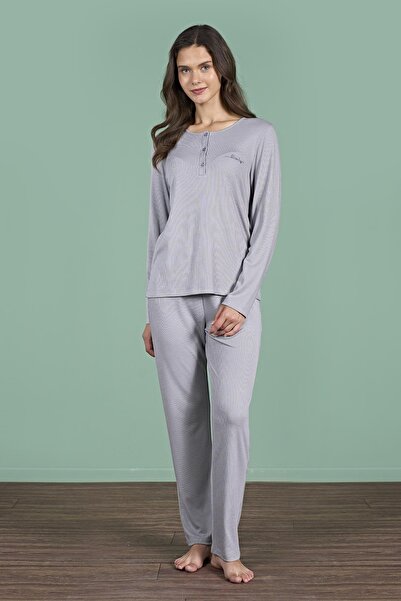 Pijadore Women's Grey Half Button Long Sleeve Round Neck Pajama Set C2T4N91
