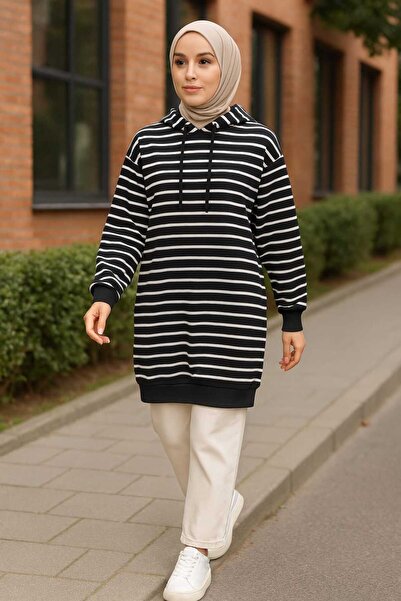 ECK MODA Women's Striped Fabric Hooded Loose Fit Long Sleeve Tunic