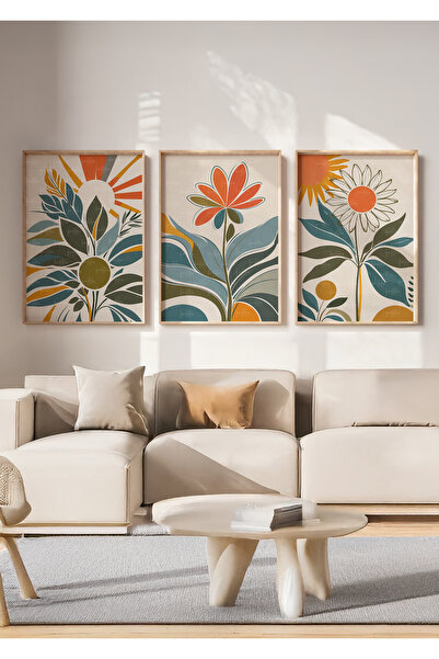 Tontilika Retro Çiçek Desenli 3 Parçalı Ahşap Çerçeveli Tablo Seti