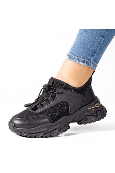 Modlet.ro Teniși negri de damă cu talpă groasă și strasuri MOD09258