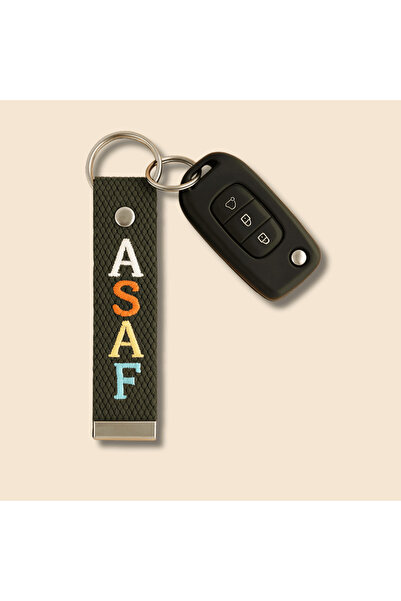 Tesbihane Çelik Tokalı - Kişiye Özel Anahtarlık - Haki Renk - Dayanıklı Kumaş Üzerine İsim - Sembol Nakışlı