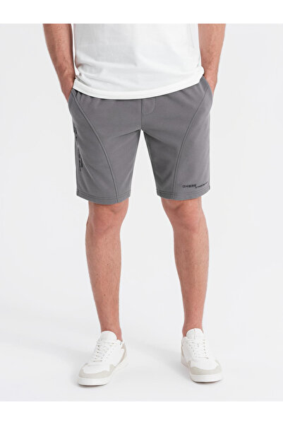 OMBRE Pánské krátké teplákové kraťasy s potiskem - šedé, velikost V3 OM-SRSK-0138 XXL