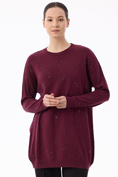 Tığ Triko Serpme Çiçek Taşlı Tunik BORDO
