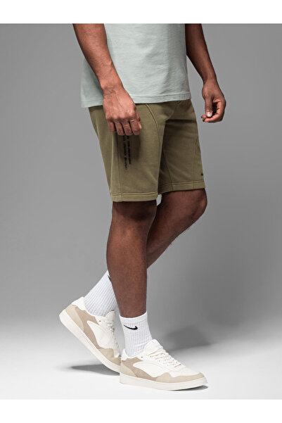 OMBRE Pánské krátké teplákové kraťasy s potiskem - olivově zelené V4 OM-SRSK-0138 S