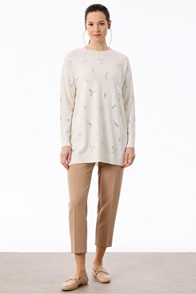 Tığ Triko Serpme Çiçek Taşlı Tunik EKRU