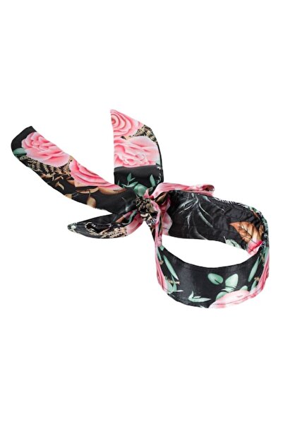 SHOPIENS Bentiță de păr pentru femei Shopiens®, model floral negru cu fundă mare la spate, 5,5 cm