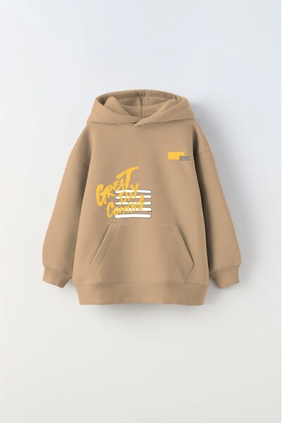 The Champ Clothing Παιδικό φούτερ με κουκούλα Oversize Great Day Coming με στάμπα μπεζ – Φλις με κουκούλα, 3 κλωστές