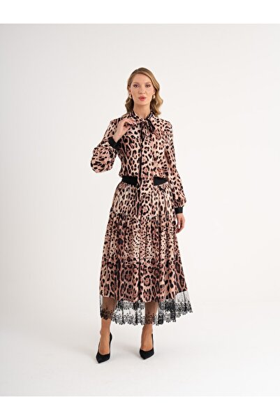 SERPİL Leopar Desenli Bağlama Yaka Gömlek 40504