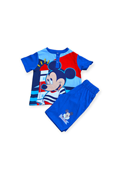 Mickey Mouse Children's short-sleeved pajamas, 100% cotton, blue, Happy,