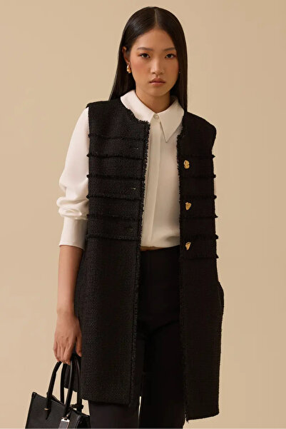 SEÇİL Women's Button Detailed Long Vest - Black