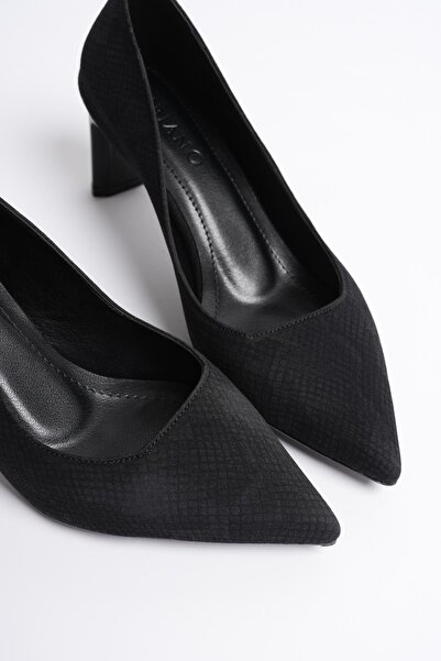 Mubiano Cobraelle Kadın Siyah Nubuk Yılan Baskılı Topuklu Ayakkabı (6.5 CM)