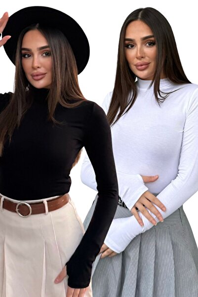 modavingo Women's Black and White Finger Detail Turtleneck Bodysuit 2-Piece Set