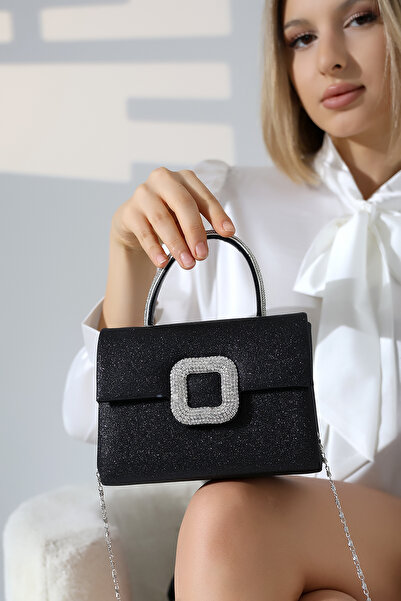 BALANZ Geantă de seară de dimensiuni mici pentru femei, cu sclipici negru, cu curea cu lanț, cu detalii argintii, geantă de umăr și de mână