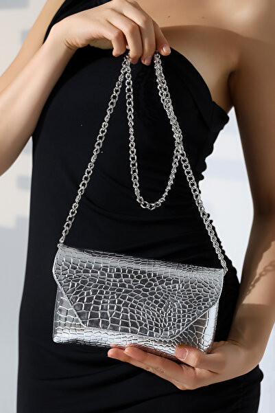 BALANZ Geantă de mână și de umăr pentru femei, argintie, de dimensiuni mici, cu model de crocodil, strălucitoare, elegantă, cu curea cu lanț