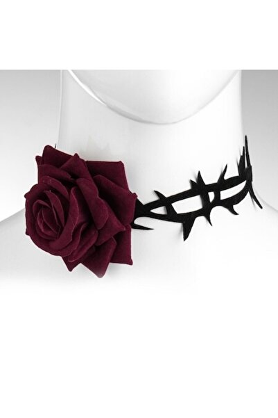 SHOPIENS Colier tip choker cu trandafir bordeaux și țepi de catifea neagră, accesoriu de costum pentru Halloween