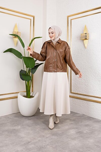 Hb Harma Time Butik Women's Tan Leather Lined Zippered Jacket