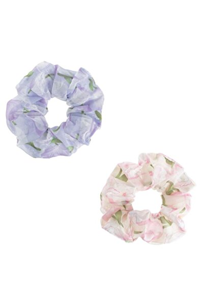 SHOPIENS Set 2 elastice de păr pentru femei, din material textil organza cu model floral albastru și somon