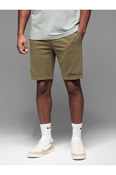 OMBRE Pánské krátké teplákové kraťasy s potiskem - olivově zelené V4 OM-SRSK-0138 S