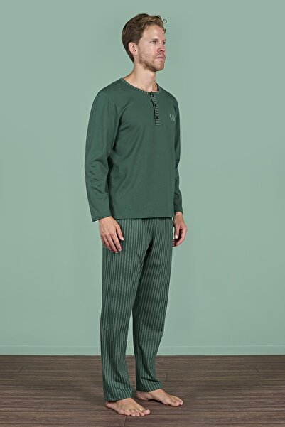 Pijadore Ανδρικό σετ πιτζάμες με μακρυμάνικο πράσινο ριγέ λεπτομερές γιακά με κουμπιά C1T3N91