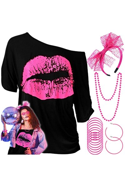 Other Adult 80s Retro Disco T-Shirt Cosplay Costume + Jewelry