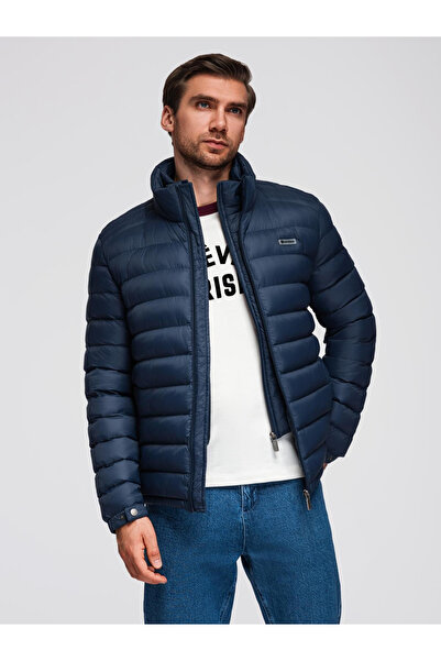 OMBRE Klasická pánská prošívaná bunda se stojáčkem - tmavě modrá V1 OM-JALP-0231