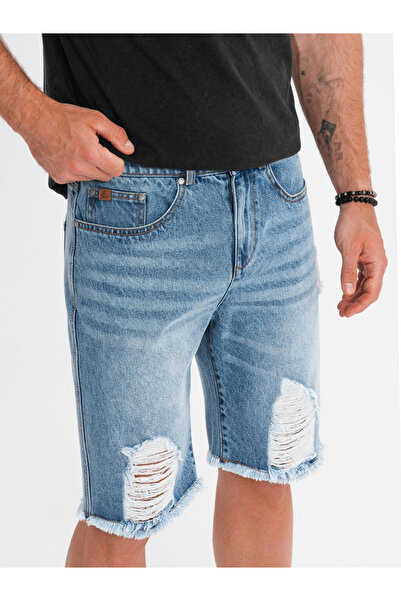 OMBRE Ανδρικό κοντό τζιν σορτς με σκισίματα και τρύπες - ανοιχτό μπλε V2 OM-SRDS-0157 XXL