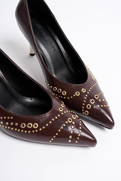 Mubiano Aurina Women's Brown Wrinkled Patent Leather High Heeled Shoes with Gold Accessories (8cm)