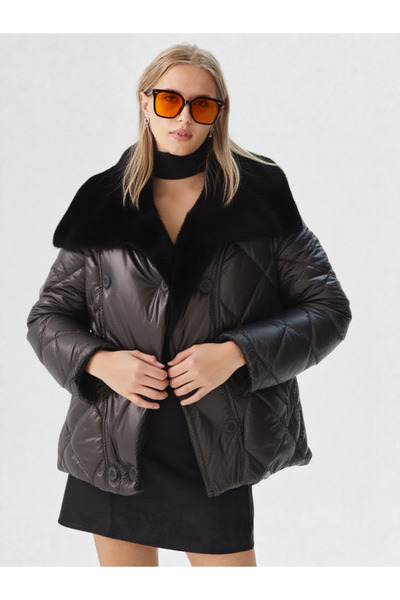 Carmena Vera Kadın Kürk Yakalı Şişme Mont Kapitone Kışlık Kaban- Siyah