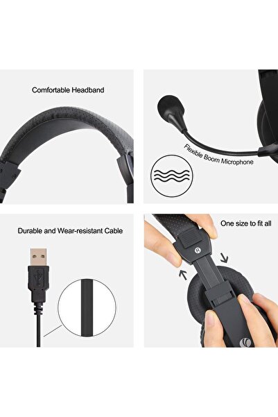 VCOM USB Headset with Microphone - Wired Over-Ear USB PC Headphones (Black)