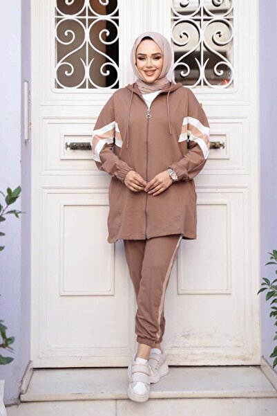 N.S NEVA STYLE Zippered Brown Hijab Double Set 20135Kh