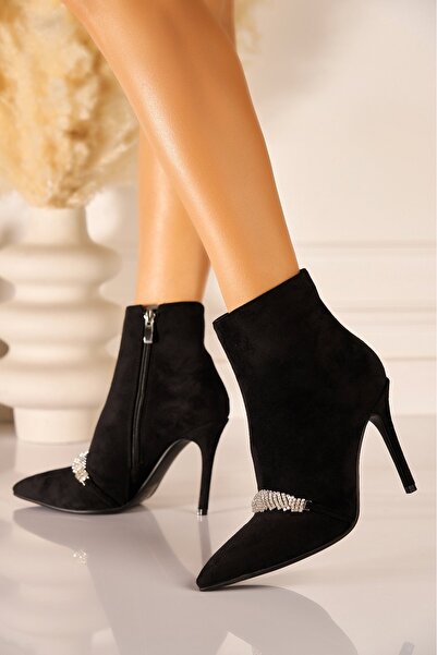 Joana Ghete elegante din piele întoarsă neagră cu toc de 10 cm