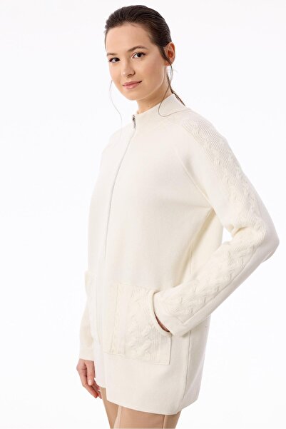 Tığ Triko Cepleri Saç Örgülü Fermuarlı Hırka EKRU