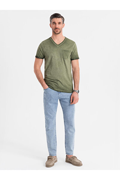 OMBRE Men's cotton V-neck knit t-shirt with washed effect - olive V9 OM-TSWT-0242 L