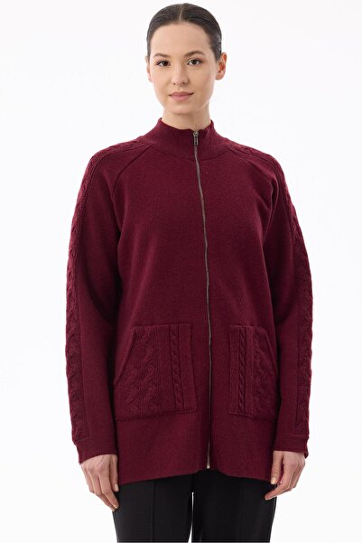 Tığ Triko Cepleri Saç Örgülü Fermuarlı Hırka BORDO