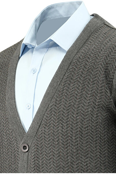 Çizgi Triko Men's Buttoned Cardigan with Pockets Patterned Steel Knit Classic Fit - 5212m
