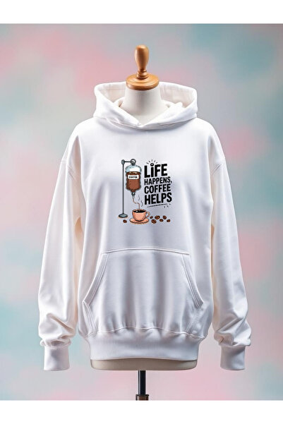 Vordevia سويت شيرت أبيض كبير الحجم مصنوع من القطن بطبعة قهوة وثلاثة خيوط