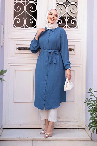 N.S NEVA STYLE Buttoned Indigo Blue Hijab Tunic 32172Im