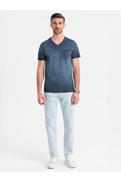 OMBRE Pánské bavlněné pletené tričko s výstřihem do V a sepraným efektem - tmavě modré V7 OM-TSWT-0242 XL