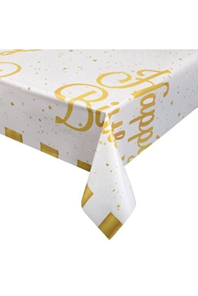 SHOPIENS Față de masă din plastic 180x120cm albă cu dungi aurii și imprimeu L...