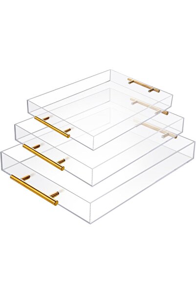 Slasa مجموعة من 3 صواني تقديم من الأكريليك الشفاف بمقابض ذهبية، المقاسات: 39....