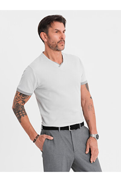 OMBRE Ανδρικό μπλουζάκι με ένθετα σε αντίθεση και στρογγυλή λαιμόκοψη - ανοιχτό γκρι V4 OM-TSCT-0198 S