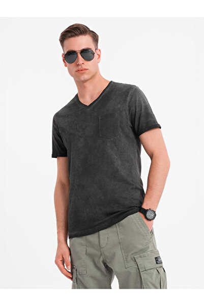 OMBRE Ανδρικό βαμβακερό πλεκτό μπλουζάκι με V λαιμόκοψη και εφέ πλύσης - μαύρο V6 OM-TSWT-0242 XL