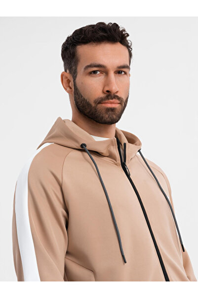 OMBRE Unzipped men's hooded sweatshirt with piping - beige V4 OM-SSZP-0210 XXL