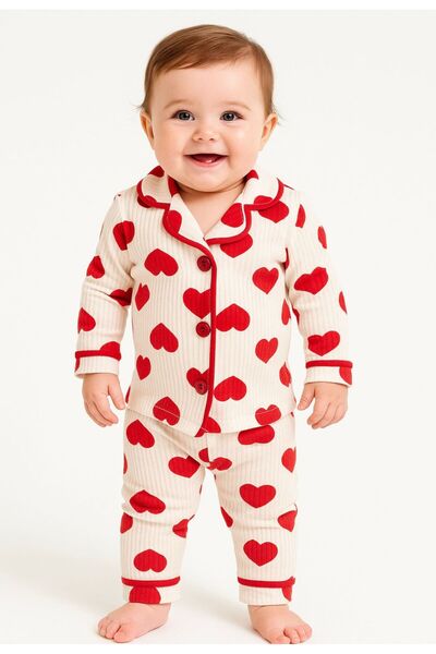 %100 Pamuk Kırmızı Kalp Baskılı Uzun Kollu Kız Bebek Pijama Takımı