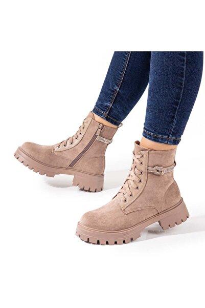 Modlet.ro Women's khaki suede lace-up boots with zipper MOD10709