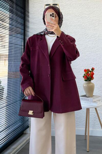 MELEK ARAZ Two Button Linen Blazer Women's Jacket - Burgundy