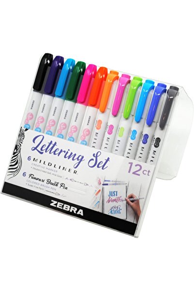 Zebra Pen Letter Set - 6 Mildliner Highlighters + 6 Ultra-Fine Brush Pens, 12-Count, Multicolor